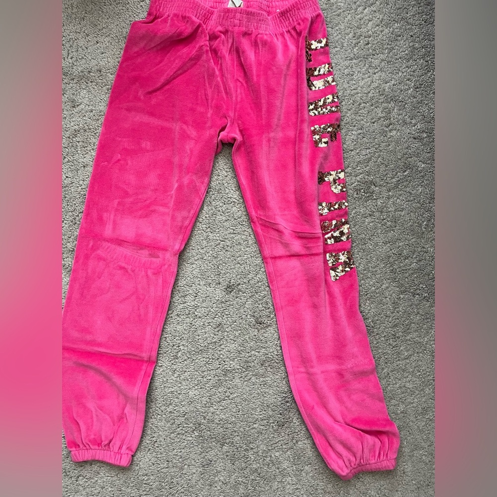 PINK Victoria's Secret Hot Pink Velour Joggers with Sequin Accent